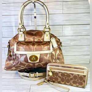 012-Coach:F15690 Hampton Gold and Brown Satchel and Wallet Signature C Set